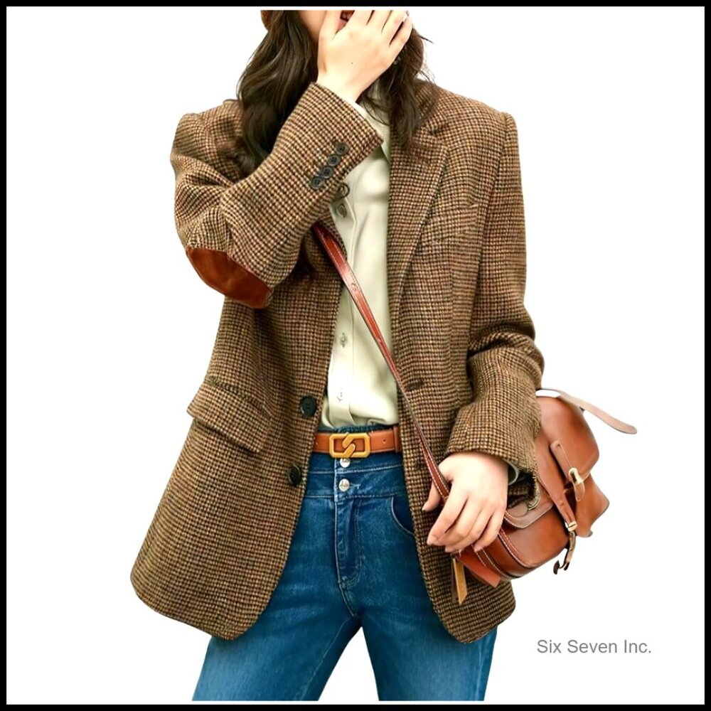 Wool Blend Blazer Single Breasted Plaid Work Coat Business Casual